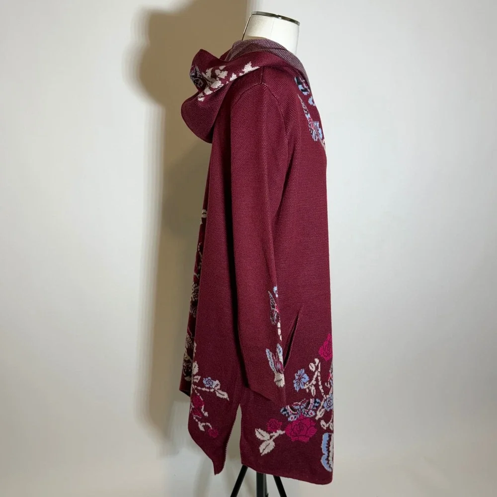 NWD Max Sport Burgundy Butterfly Open Front Hooded Cardigan Duster Womens Medium